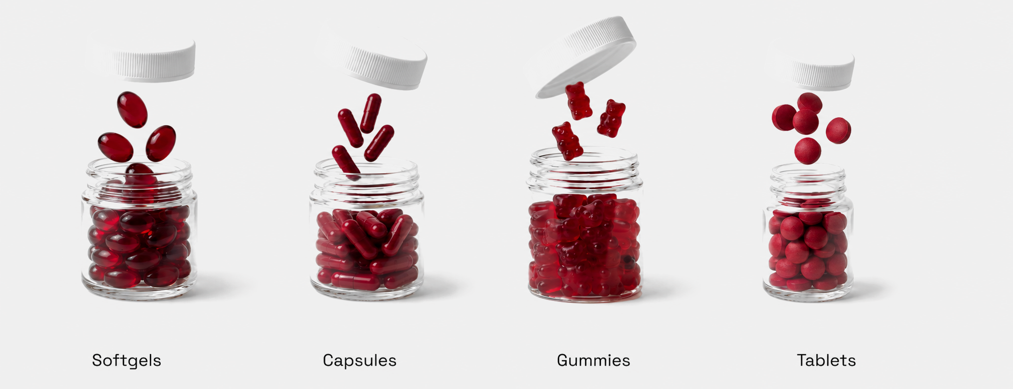 Softgels, capsules, gummies, and tablets sample formats